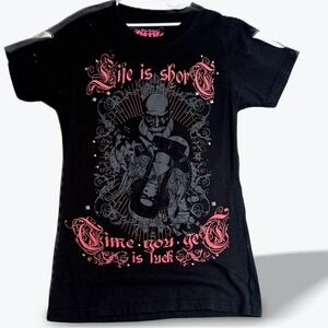 Blac Label‎ Graphic T Shirt Studded Reverse Seam Skull Life is Short Black Pink